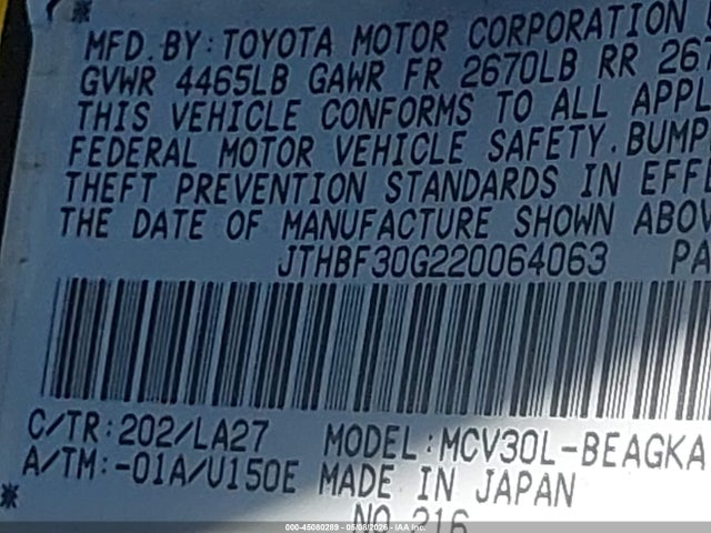 Aukcja sprzedaży 2002 Lexus Es 300, vin: JTHBF30G220064063, numer aukcji: 45080289