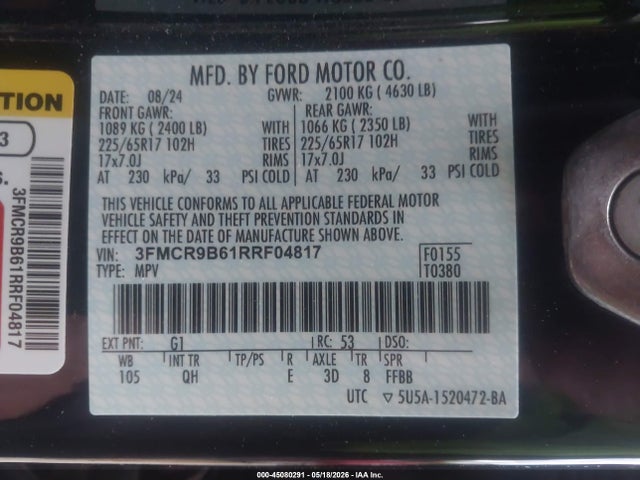 Aukcja sprzedaży 2024 Ford Bronco Sport Big Bend, vin: 3FMCR9B61RRF04817, numer aukcji: 45080291