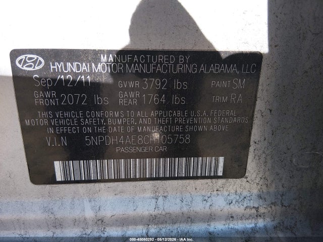 45080292 :رقم المزاد ، 5NPDH4AE8CH105758 vin ، 2012 Hyundai Elantra Gls مزاد بيع