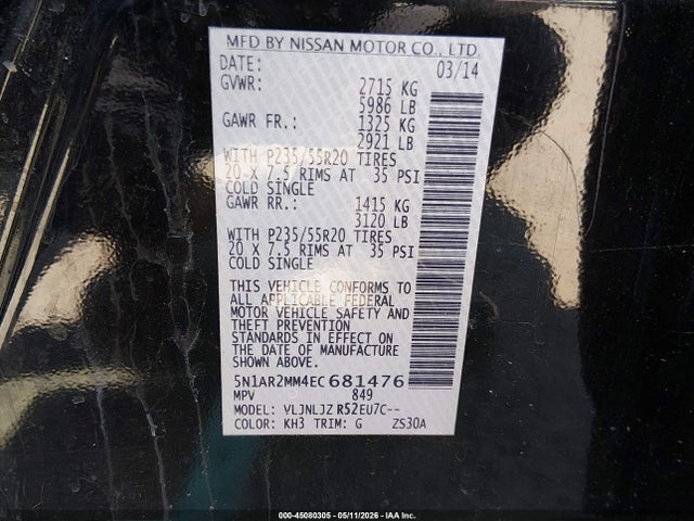 Aukcja sprzedaży 2014 Nissan Pathfinder Platinum, vin: 5N1AR2MM4EC681476, numer aukcji: 45080305