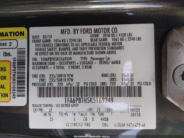 Aukcja sprzedaży 2019 Ford Mustang Ecoboost, vin: 1FA6P8TH5K5169349, numer aukcji: 45080307
