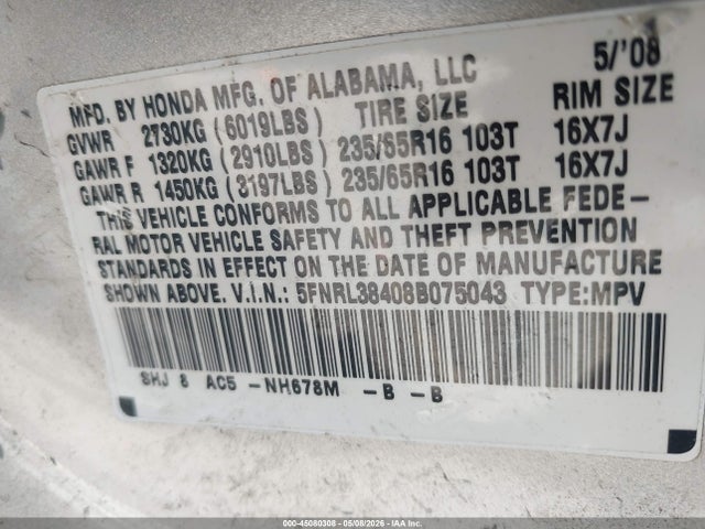 45080308 :رقم المزاد ، 5FNRL38408B075043 vin ، 2008 Honda Odyssey Ex مزاد بيع