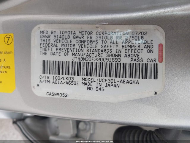 Продажа на аукционе авто 2002 Lexus Ls 430, vin: JTHBN30F220091693, номер лота: 45080316