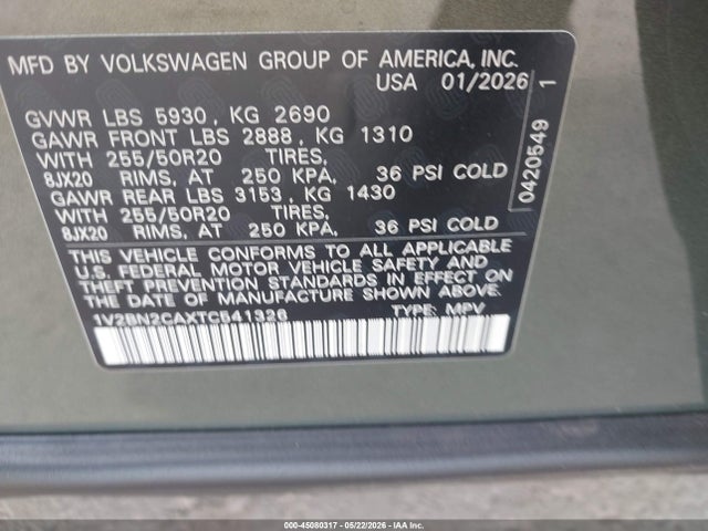 Продаж на аукціоні авто 2026 Volkswagen Atlas Sel, vin: 1V2BN2CAXTC541326, номер лоту: 45080317