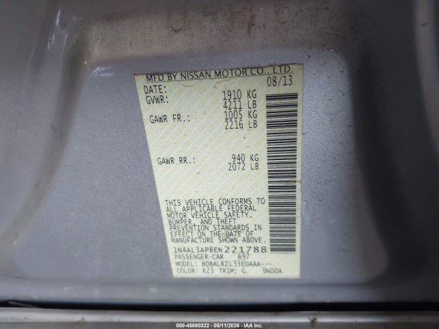 45080322 :رقم المزاد ، 1N4AL3AP8EN221788 vin ، 2014 Nissan Altima 2.5 S مزاد بيع