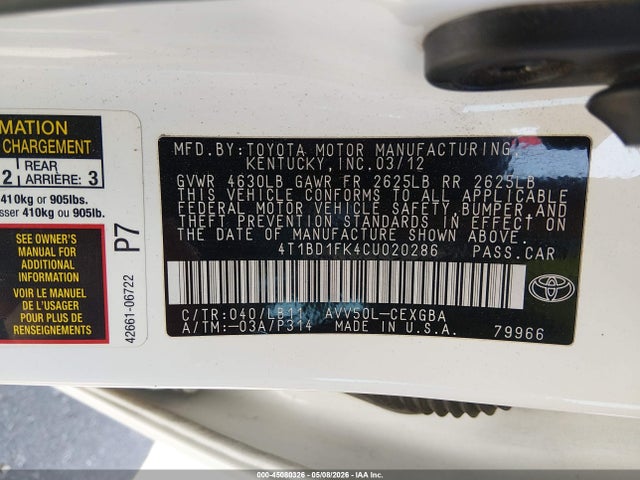 2012 Toyota Camry Hybrid Xle მანქანა იყიდება აუქციონზე, vin: 4T1BD1FK4CU020286, აუქციონის ნომერი: 45080326