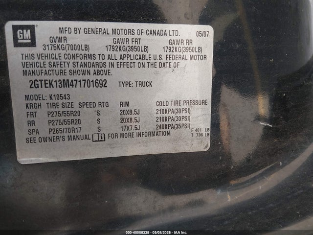 Продажа на аукционе авто 2007 Gmc Sierra 1500 Slt, vin: 2GTEK13M471701692, номер лота: 45080335