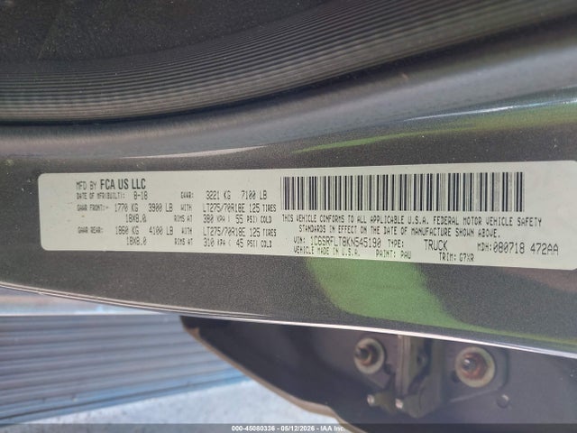 Aukcja sprzedaży 2019 Ram 1500 Rebel  4x4 5'7 Box, vin: 1C6SRFLT8KN545190, numer aukcji: 45080336