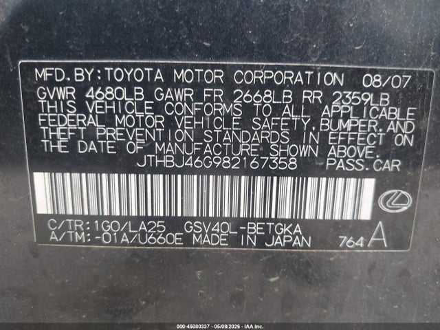 45080337 :رقم المزاد ، JTHBJ46G982167358 vin ، 2008 Lexus Es 350 مزاد بيع