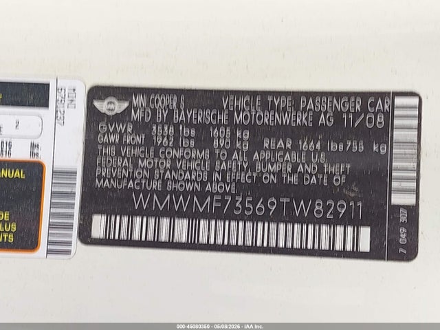 45080350 :رقم المزاد ، WMWMF73569TW82911 vin ، 2009 Mini Cooper S مزاد بيع