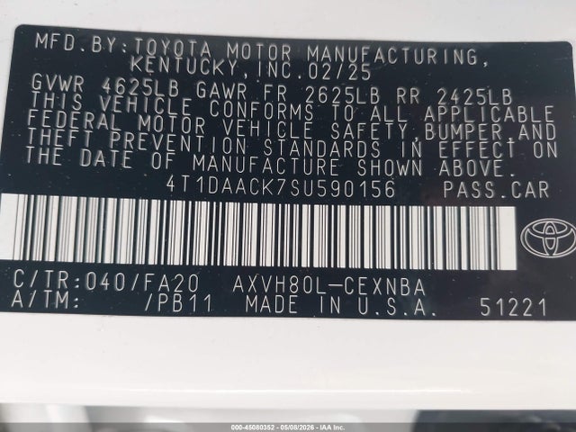45080352 :رقم المزاد ، 4T1DAACK7SU590156 vin ، 2025 Toyota Camry Le مزاد بيع