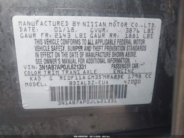 Продаж на аукціоні авто 2018 Nissan Sentra Sv, vin: 3N1AB7AP0JL621331, номер лоту: 45080360