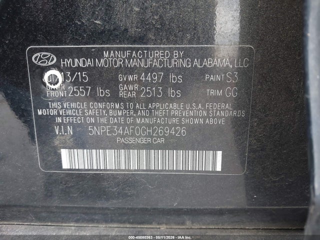 Aukcja sprzedaży 2016 Hyundai Sonata Sport, vin: 5NPE34AF0GH269426, numer aukcji: 45080363