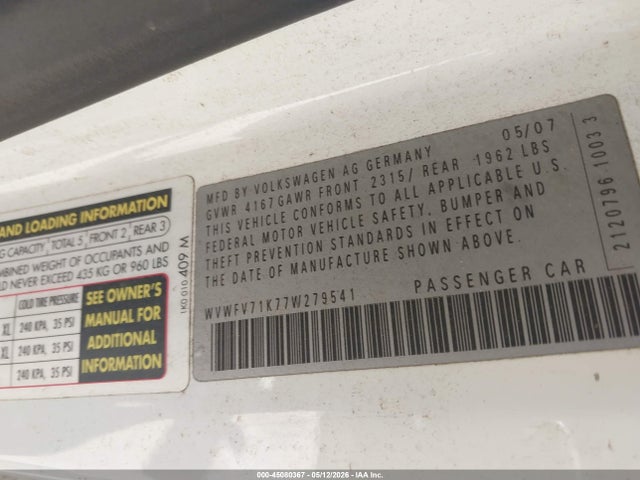 Продажа на аукционе авто 2007 Volkswagen Gti 2-door/fahrenheit, vin: WVWFV71K77W279541, номер лота: 45080367