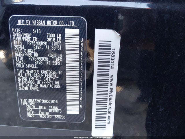 45080376 :رقم المزاد ، JN8AZ2NF5D9551016 vin ، 2013 Infiniti Qx56 مزاد بيع