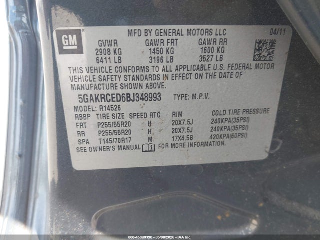 Auction sale of the 2011 Buick Enclave 2xl, vin: 5GAKRCED6BJ348993, lot number: 45080390