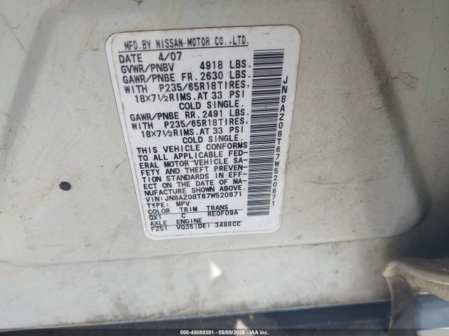 Aukcja sprzedaży 2007 Nissan Murano S, vin: JN8AZ08T67W520871, numer aukcji: 45080391