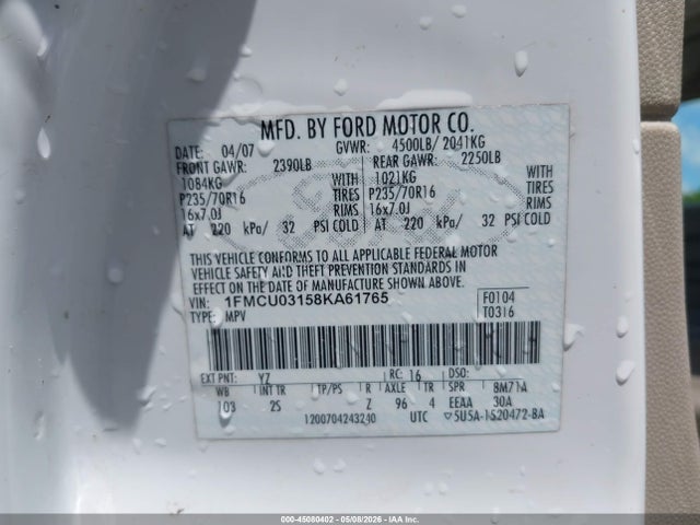 45080402 :رقم المزاد ، 1FMCU03158KA61765 vin ، 2008 Ford Escape Xlt مزاد بيع