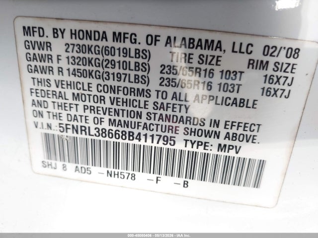 45080406 :رقم المزاد ، 5FNRL38668B411795 vin ، 2008 Honda Odyssey Ex-l مزاد بيع