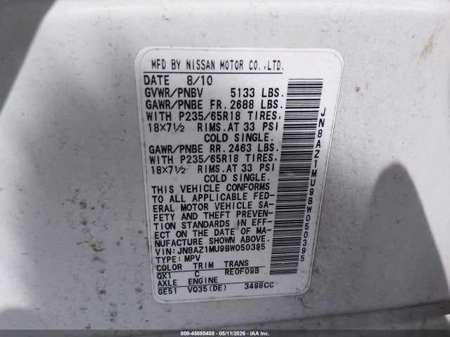 Aukcja sprzedaży 2011 Nissan Murano Sv, vin: JN8AZ1MU9BW050395, numer aukcji: 45080408