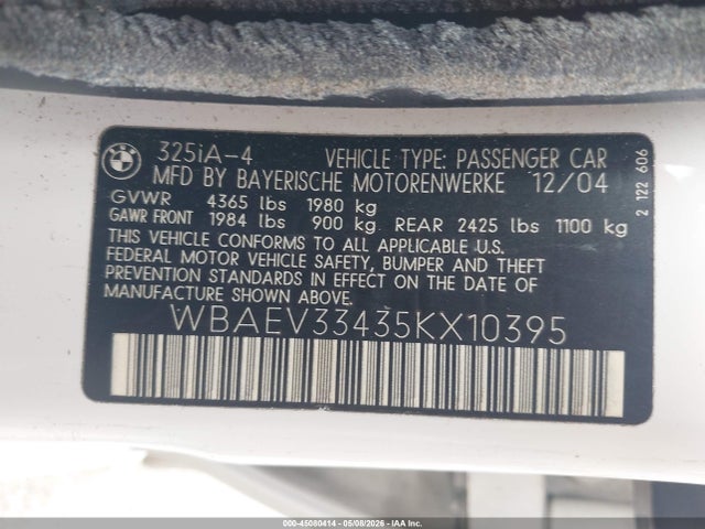 Продаж на аукціоні авто 2005 Bmw 325i, vin: WBAEV33435KX10395, номер лоту: 45080414