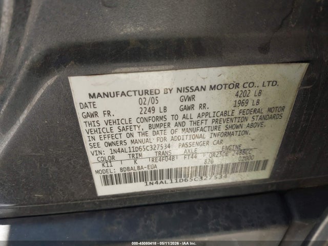 2005 Nissan Altima 2.5 S მანქანა იყიდება აუქციონზე, vin: 1N4AL11D65C327534, აუქციონის ნომერი: 45080418