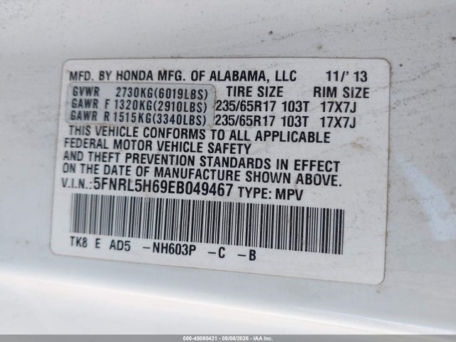 5FNRL5H69EB049467 Honda Odyssey Ex-l