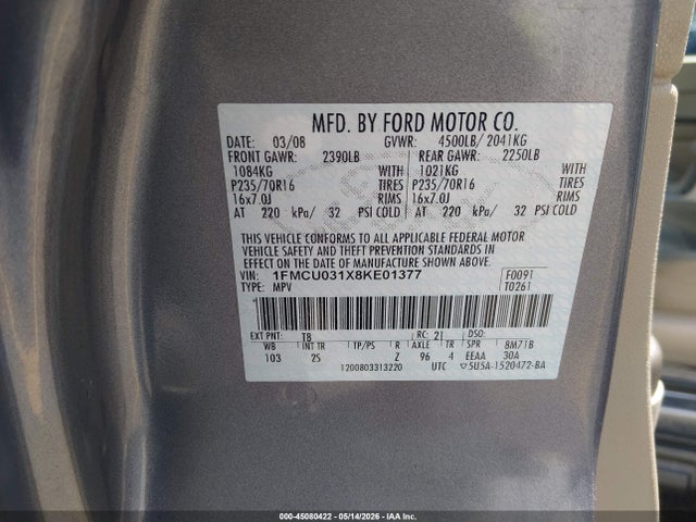 Продаж на аукціоні авто 2008 Ford Escape Xlt, vin: 1FMCU031X8KE01377, номер лоту: 45080422