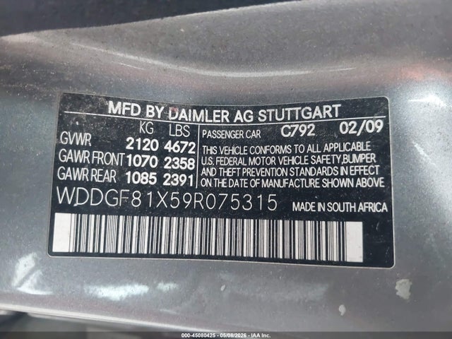 45080425 :رقم المزاد ، WDDGF81X59R075315 vin ، 2009 Mercedes-benz C 300 Sport 4matic مزاد بيع