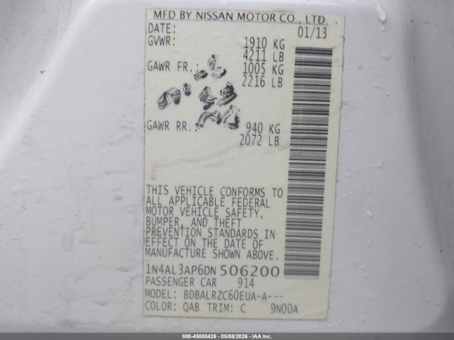 Продажа на аукционе авто 2013 Nissan Altima 2.5 S, vin: 1N4AL3AP6DN506200, номер лота: 45080426