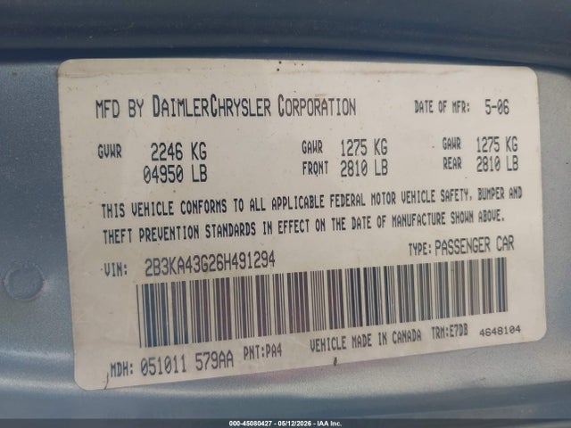 Продажа на аукционе авто 2006 Dodge Charger, vin: 2B3KA43G26H491294, номер лота: 45080427