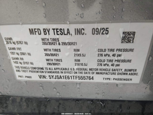 Продаж на аукціоні авто 2026 Tesla Model S Plaid/signature Series, vin: 5YJSA1E61TF555764, номер лоту: 45080431