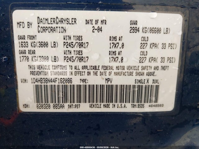 Продаж на аукціоні авто 2004 Dodge Durango St, vin: 1D4HB38N44F162086, номер лоту: 45080436