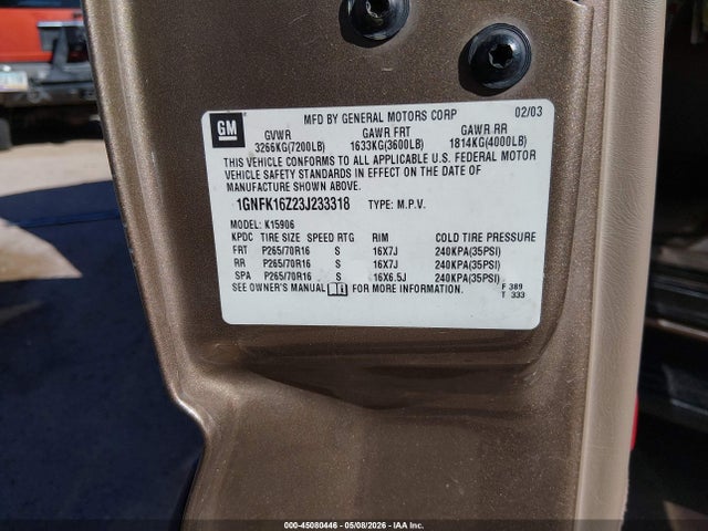 Продаж на аукціоні авто 2003 Chevrolet Suburban 1500 Ls, vin: 1GNFK16Z23J233318, номер лоту: 45080446