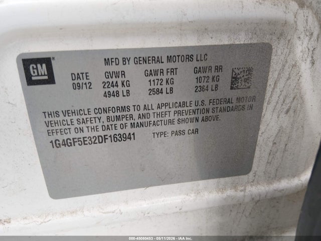 45080453 :رقم المزاد ، 1G4GF5E32DF163941 vin ، 2013 Buick Lacrosse Premium 1 Group مزاد بيع