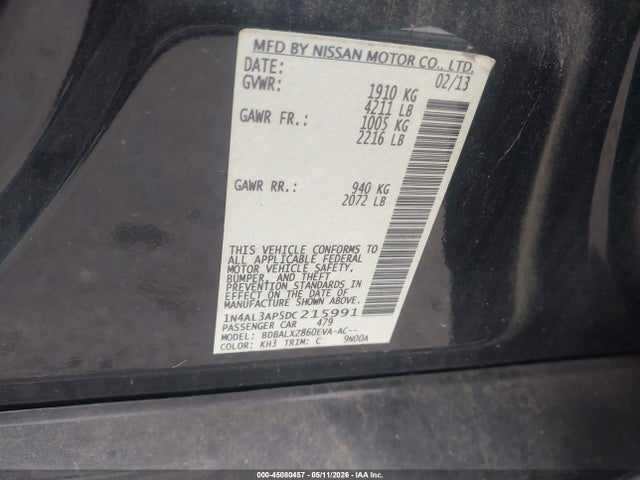 2013 Nissan Altima 2.5 Sl მანქანა იყიდება აუქციონზე, vin: 1N4AL3AP5DC215991, აუქციონის ნომერი: 45080457