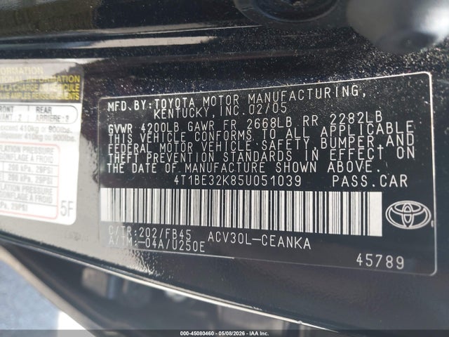 2005 Toyota Camry Le მანქანა იყიდება აუქციონზე, vin: 4T1BE32K85U051039, აუქციონის ნომერი: 45080460