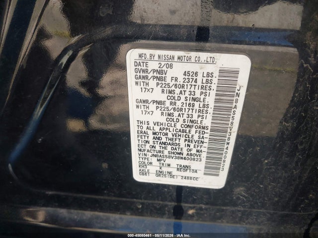 45080461 :رقم المزاد ، JN8AS58V38W400823 vin ، 2008 Nissan Rogue Sl مزاد بيع