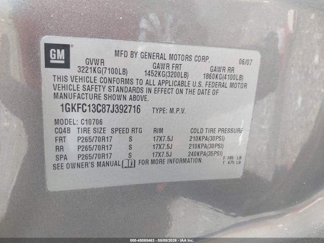 Продажа на аукционе авто 2007 Gmc Yukon Sle, vin: 1GKFC13C87J392716, номер лота: 45080463