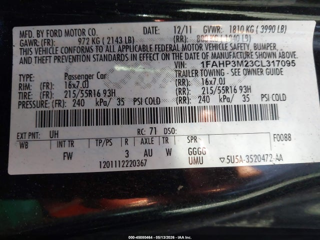 Продаж на аукціоні авто 2012 Ford Focus Sel, vin: 1FAHP3M23CL317095, номер лоту: 45080464