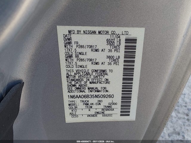 Продажа на аукционе авто 2005 Nissan Titan Le, vin: 1N6AA06B35N509260, номер лота: 45080471