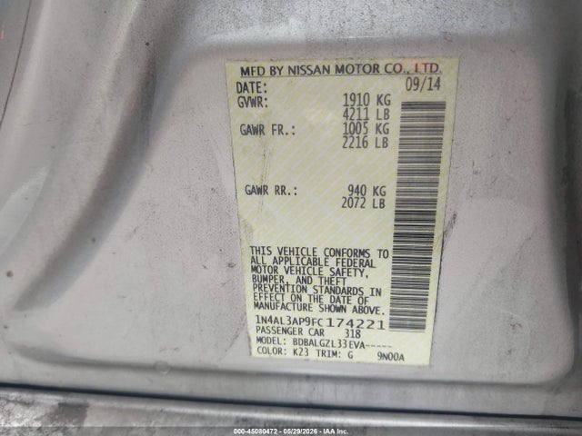 45080472 :رقم المزاد ، 1N4AL3AP9FC174221 vin ، 2015 Nissan Altima مزاد بيع