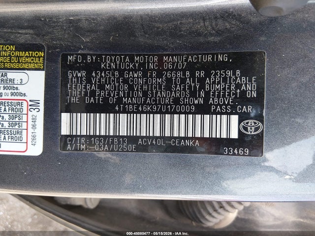 45080477 :رقم المزاد ، 4T1BE46K97U170009 vin ، 2007 Toyota Camry Le مزاد بيع