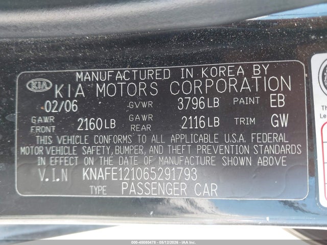 Aukcja sprzedaży 2006 Kia Spectra Ex/lx/sx, vin: KNAFE121065291793, numer aukcji: 45080478