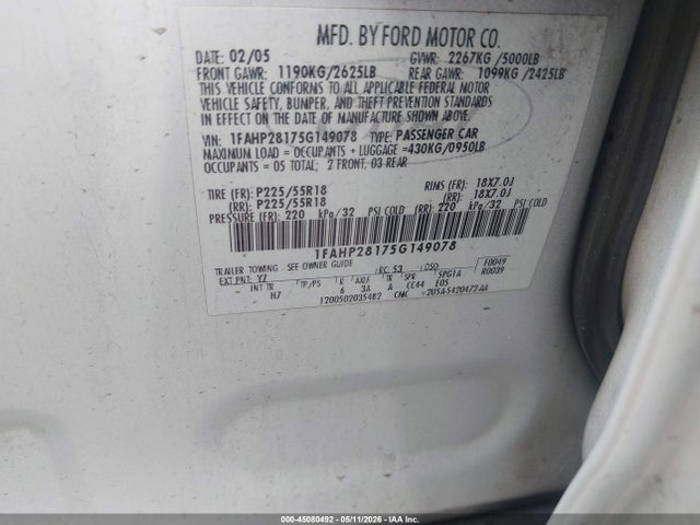 Aukcja sprzedaży 2005 Ford Five Hundred Limited, vin: 1FAHP28175G149078, numer aukcji: 45080492