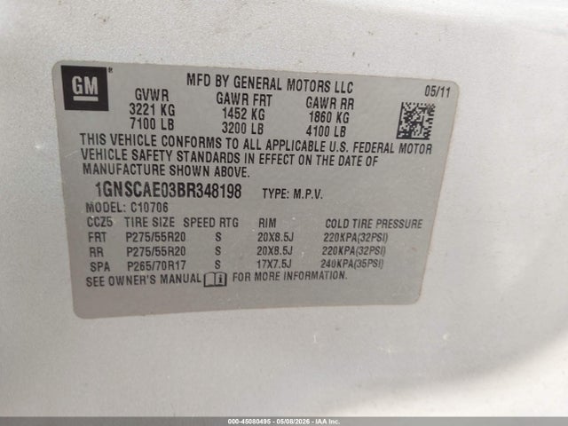 Aukcja sprzedaży 2011 Chevrolet Tahoe Ls, vin: 1GNSCAE03BR348198, numer aukcji: 45080495