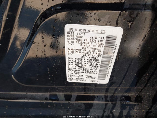 45080500 :رقم المزاد ، JN8AS5MV8CW372094 vin ، 2012 Nissan Rogue Sv مزاد بيع