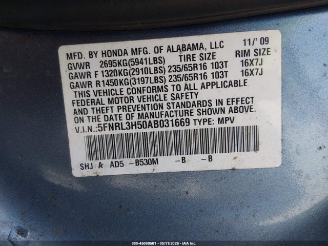 Продажа на аукционе авто 2010 Honda Odyssey Ex, vin: 5FNRL3H50AB031669, номер лота: 45080501