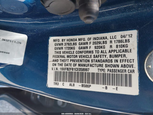 45080504 :رقم المزاد ، 19XFB2F81CE058997 vin ، 2012 Honda Civic Ex مزاد بيع
