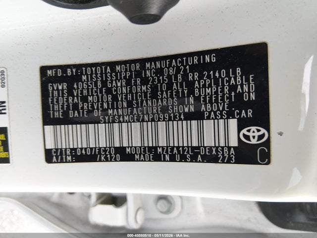 2022 Toyota Corolla Se Nightshade Edition მანქანა იყიდება აუქციონზე, vin: 5YFS4MCE7NP099134, აუქციონის ნომერი: 45080510